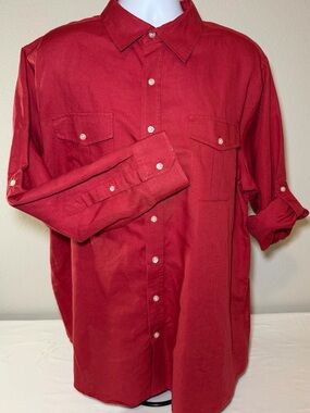 True Nation Men’s Big 1X Red Solid Long Sleeve Woven Linen/Cotton Button-Up